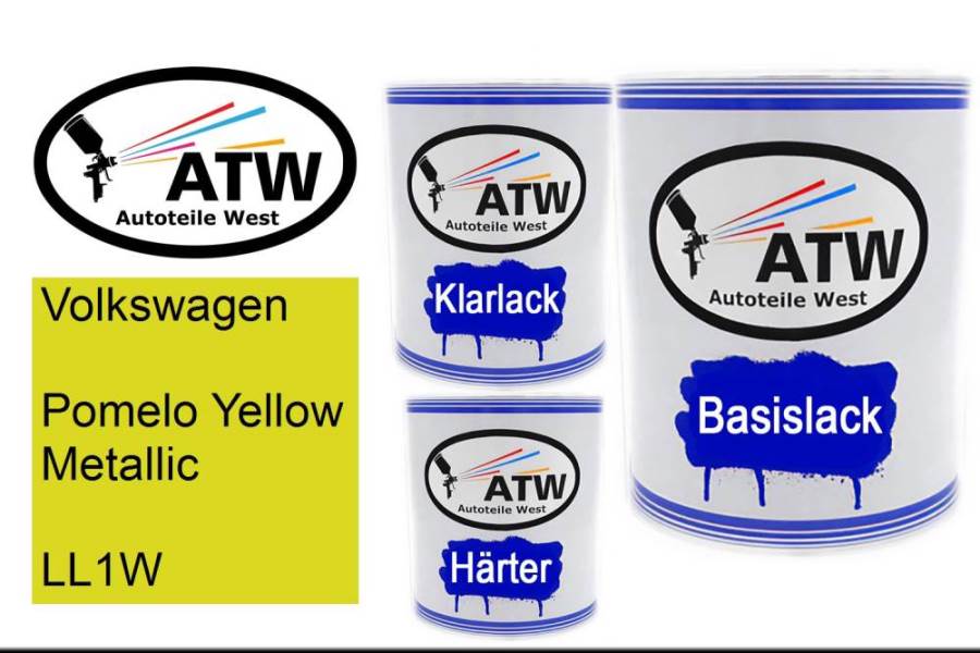 Volkswagen, Pomelo Yellow Metallic, LL1W: 1L Lackdose + 1L Klarlack + 500ml Härter - Set, von ATW Autoteile West.